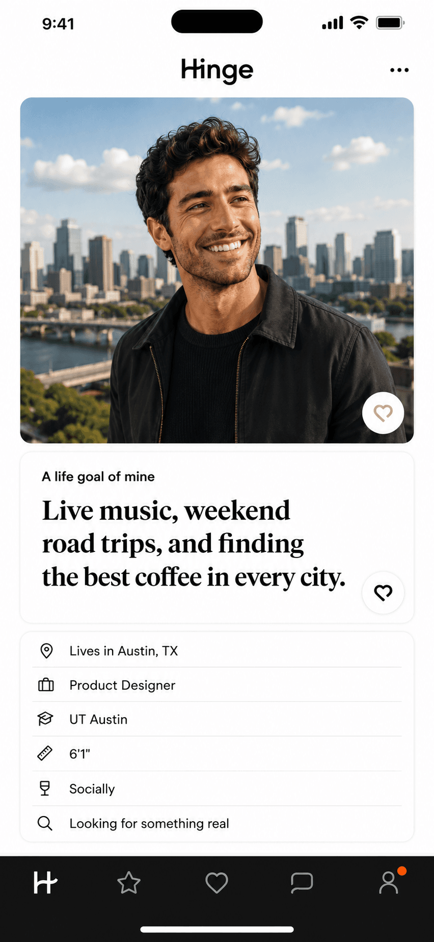 Example Hinge profile after the audit — strong photo, life-goal prompt, and clear vitals